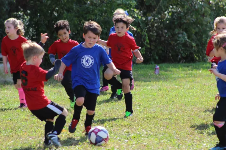 Children playing a football match on the grass