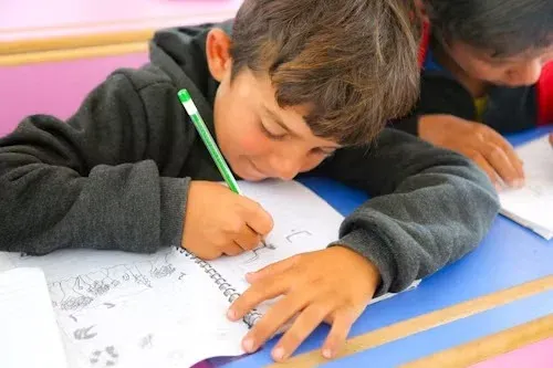 A child concentrating while writing in a notebook